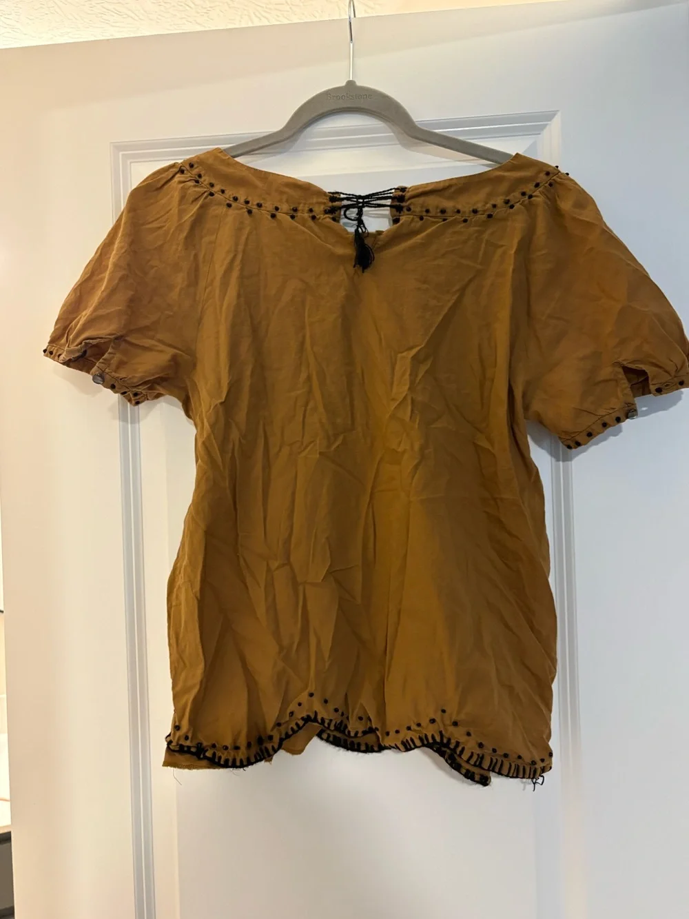 J.Crew Brown Beaded Puff Sleeve Top Size 6 Boho Cotton Blouse